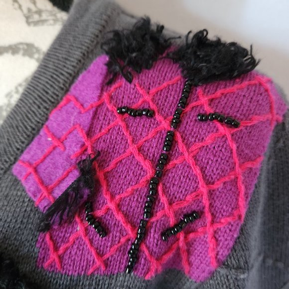 Michael Simon Bead Felt Vinyl Embellished Cardigan Button Cotton Blend Grey - Picture 4 of 9